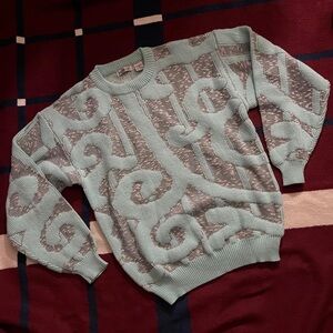 Koman Vintage Sweater M Blue Heather Grey Abstract crewneck Grandpa Preppy